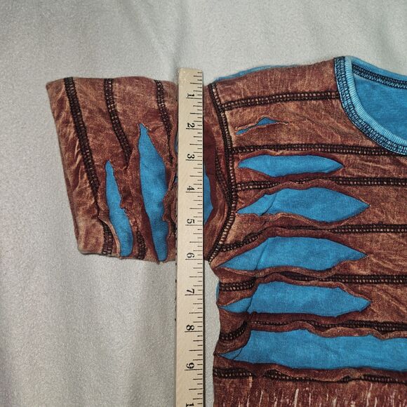 Womens XS Distresed Short Sleeve Top Brown Blue Grunge Boho Hippie 100% Cotton - Picture 4 of 7